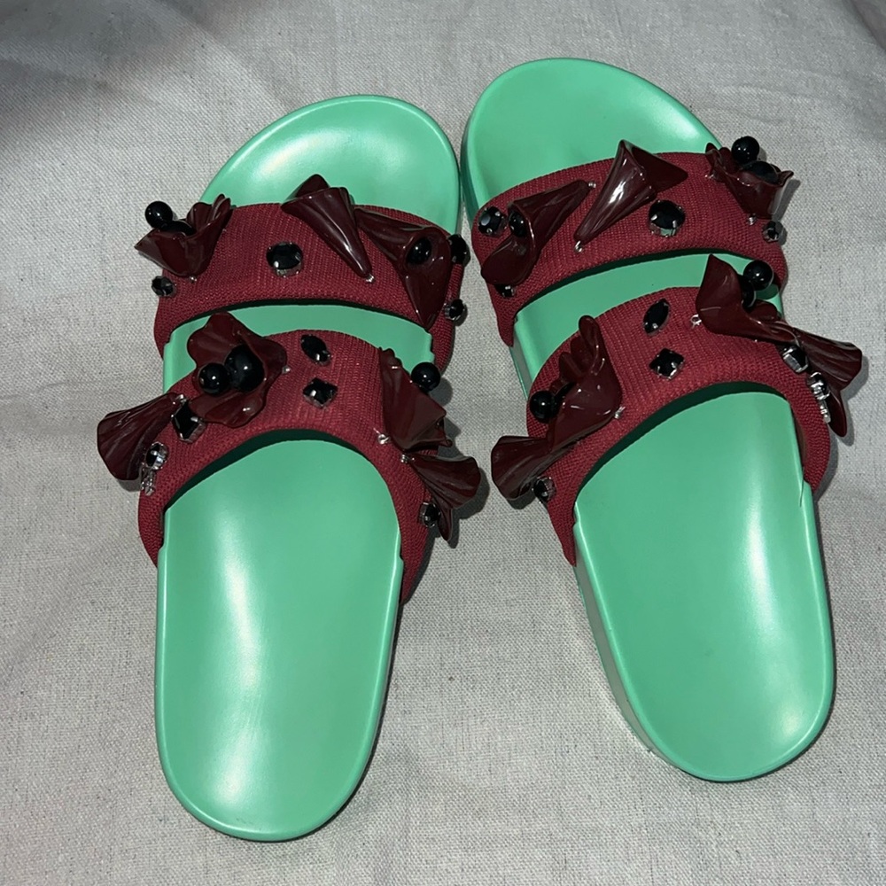 Tory Burch Embellished Pool Slide Mesh rhubarb/Spring Green Size 10 with Box